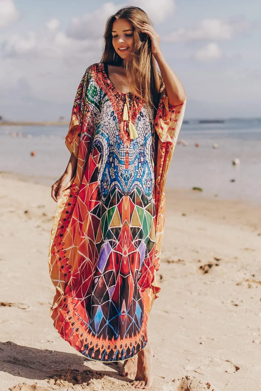 CHERRY CAT Women Beachwear Long Beach Coverups Kaftan Casual Caftan Dress Swimwear cover ups