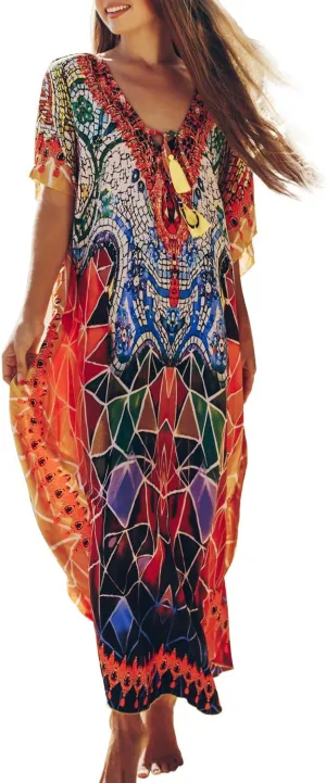 CHERRY CAT Women Beachwear Long Beach Coverups Kaftan Casual Caftan Dress Swimwear cover ups