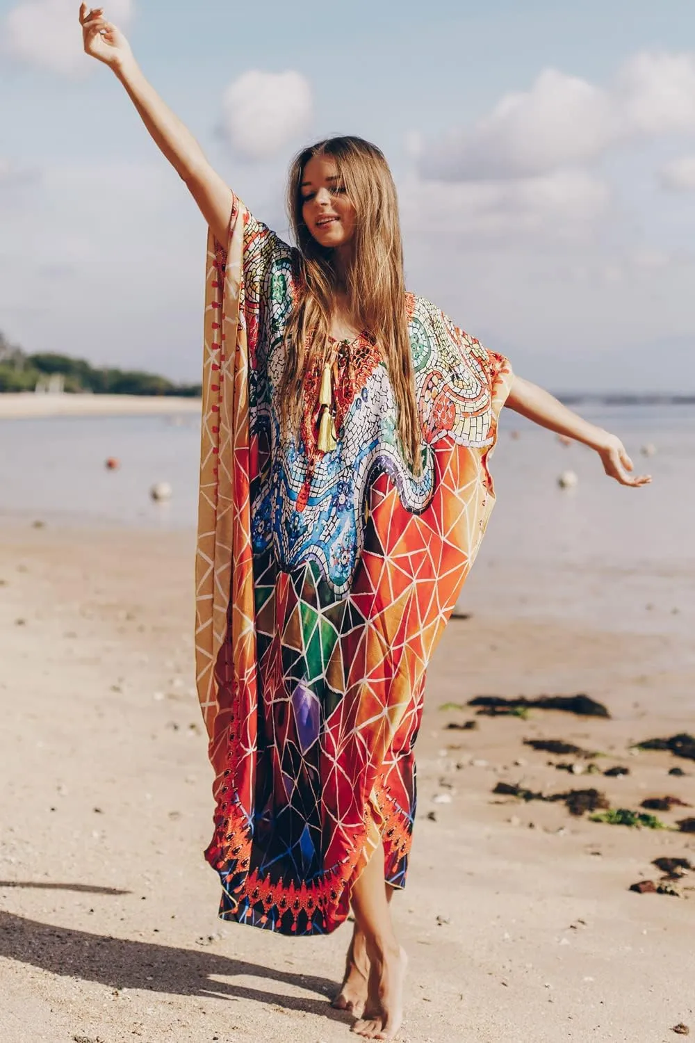 CHERRY CAT Women Beachwear Long Beach Coverups Kaftan Casual Caftan Dress Swimwear cover ups