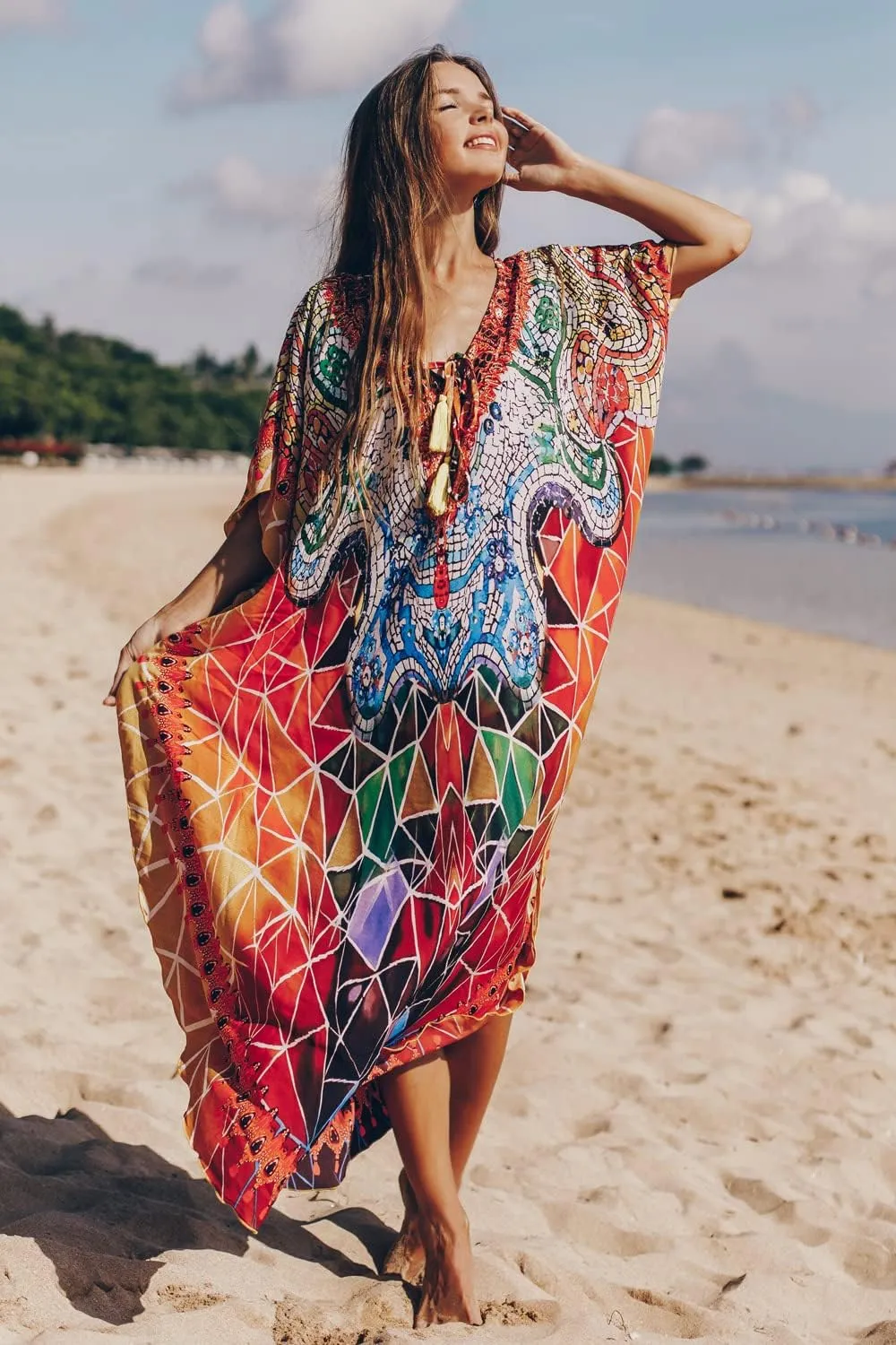 CHERRY CAT Women Beachwear Long Beach Coverups Kaftan Casual Caftan Dress Swimwear cover ups