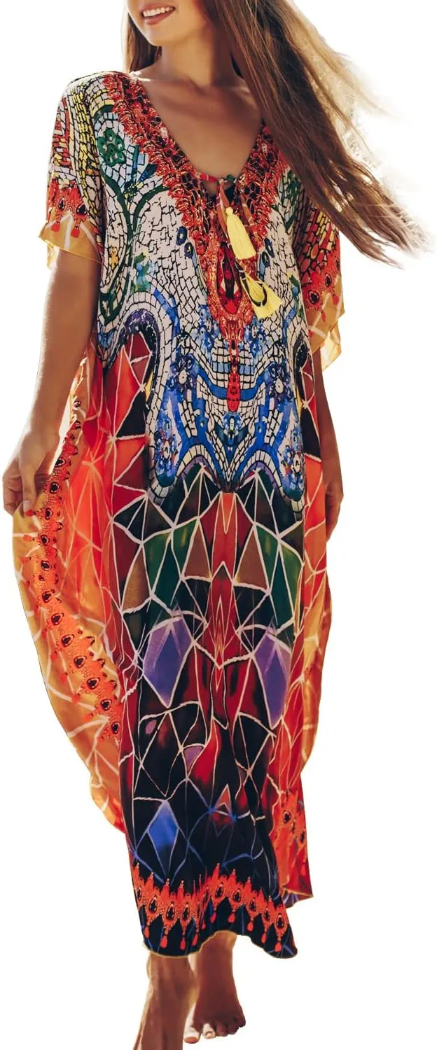 CHERRY CAT Women Beachwear Long Beach Coverups Kaftan Casual Caftan Dress Swimwear cover ups
