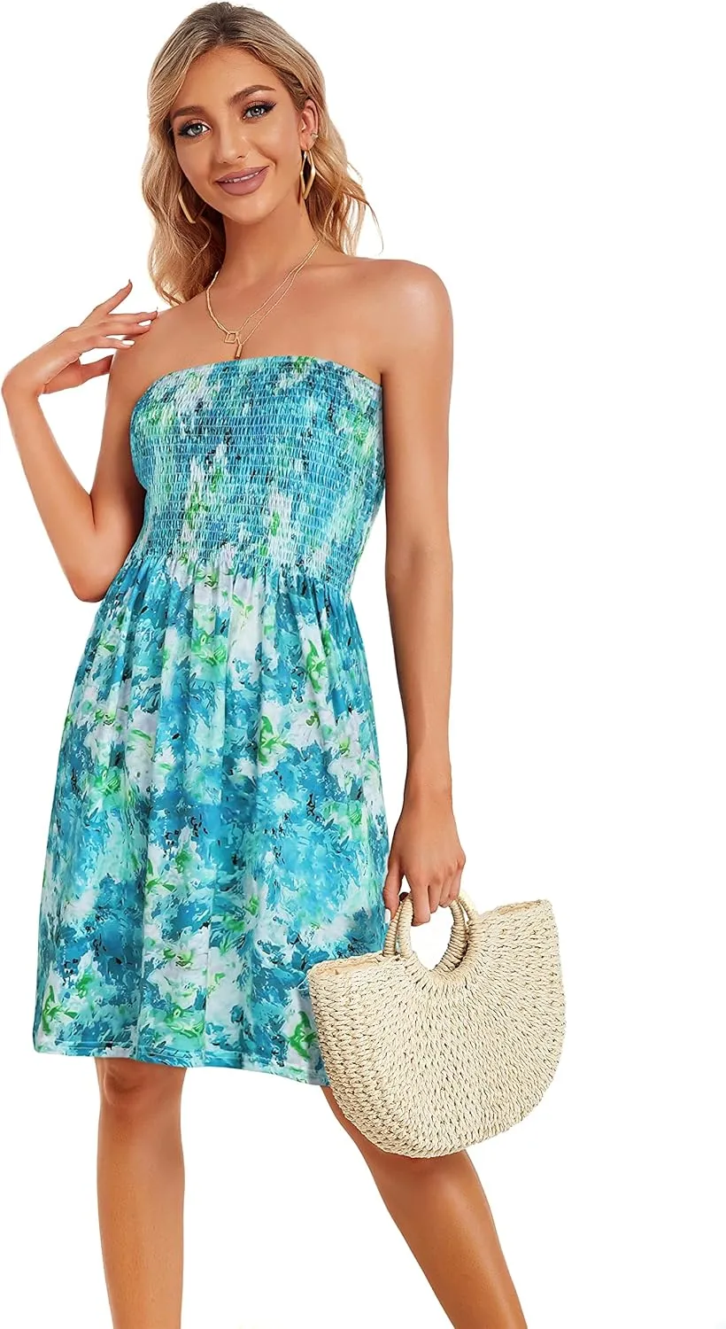CHICGAL Summer Dresses for Women Beach Cover Ups Strapless Boho Floral Print Sundress