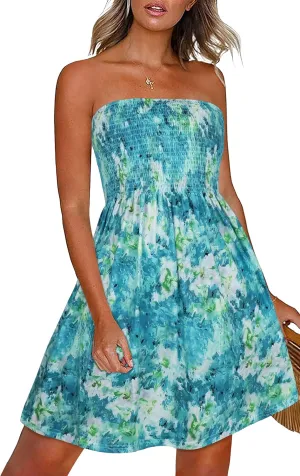 CHICGAL Summer Dresses for Women Beach Cover Ups Strapless Boho Floral Print Sundress