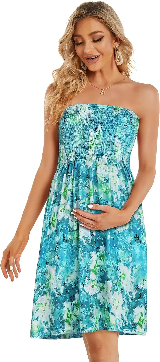 CHICGAL Summer Dresses for Women Beach Cover Ups Strapless Boho Floral Print Sundress