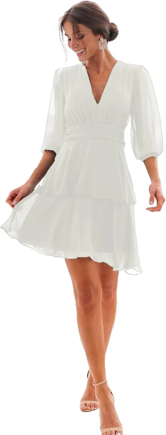 Chiffon Bridesmaid Dress V Neck Ruffle Long Sleeve Flowy Formal Mini Dress DR0099