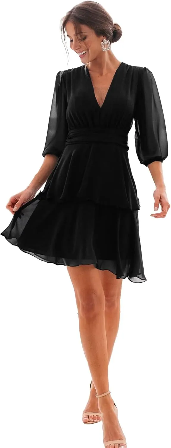 Chiffon Bridesmaid Dress V Neck Ruffle Long Sleeve Flowy Formal Mini Dress DR0099