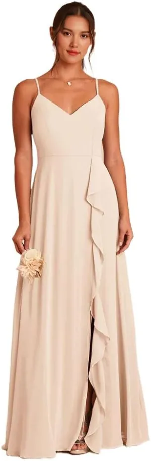 Chiffon Bridesmaid Dresses Spaghetti Straps Formal Dresses for Women with Cascade Ruffle and Straps