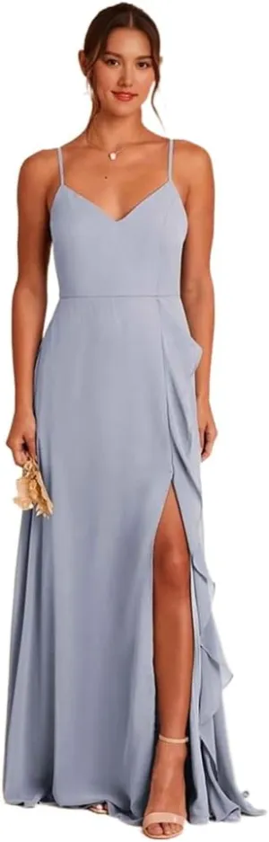Chiffon Bridesmaid Dresses Spaghetti Straps Formal Dresses for Women with Cascade Ruffle and Straps