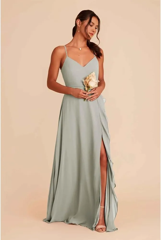 Chiffon Bridesmaid Dresses Spaghetti Straps Formal Dresses for Women with Cascade Ruffle