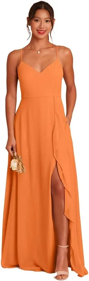 Chiffon Bridesmaid Dresses Spaghetti Straps Formal Dresses for Women with Cascade Ruffle