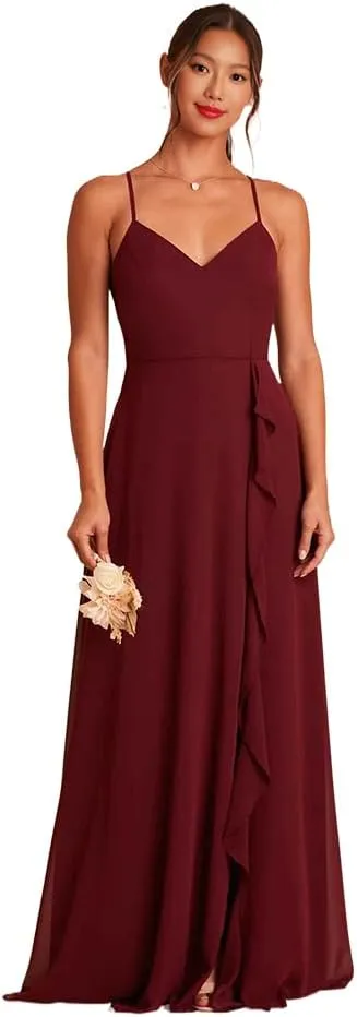 Chiffon Bridesmaid Dresses Spaghetti Straps Formal Dresses for Women with Cascade Ruffle