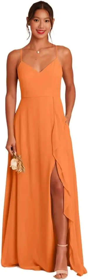 Chiffon Bridesmaid Dresses Spaghetti Straps Formal Dresses for Women with Cascade Ruffle