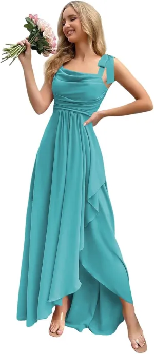Chiffon Bridesmaid Dresses with Slit Scoop Neck Pleated Formal Evening Dress Hi002