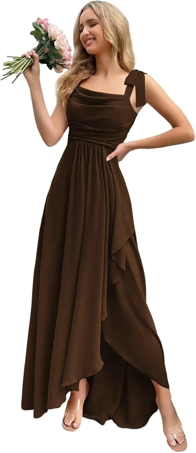 Chiffon Bridesmaid Dresses with Slit Scoop Neck Pleated Formal Evening Dress Hi002