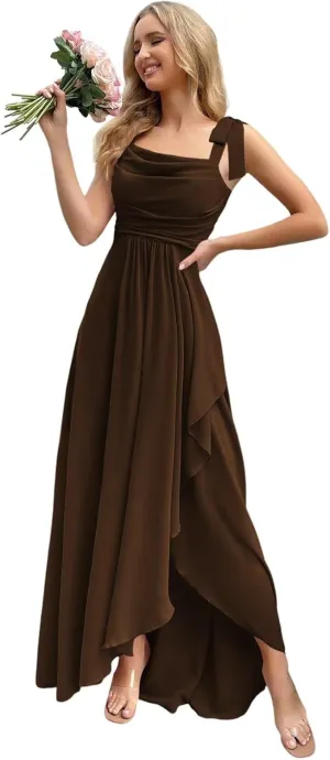 Chiffon Bridesmaid Dresses with Slit Scoop Neck Pleated Formal Evening Dress Hi002