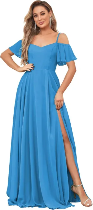 Chiffon Cold Shoulder Bridesmaid Dresses for Women Ruffle Sleeve Long Formal Wedding Evening Gowns with Slit