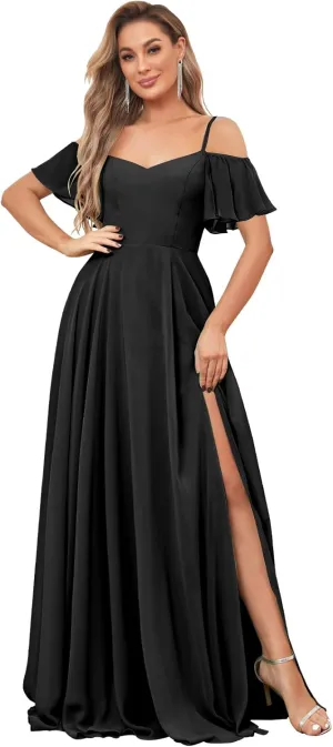 Chiffon Cold Shoulder Bridesmaid Dresses for Women Ruffle Sleeve Long Formal Wedding Evening Gowns with Slit