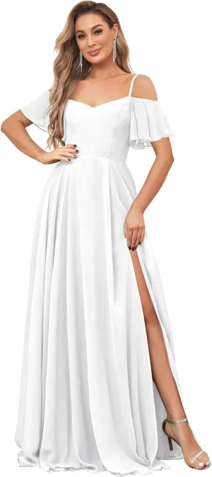 Chiffon Cold Shoulder Bridesmaid Dresses for Women Ruffle Sleeve Long Formal Wedding Evening Gowns with Slit