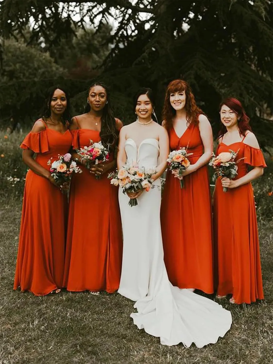 Chiffon Cold Shoulder Bridesmaid Dresses for Women Ruffle Sleeve Long Formal Wedding Evening Gowns with Slit