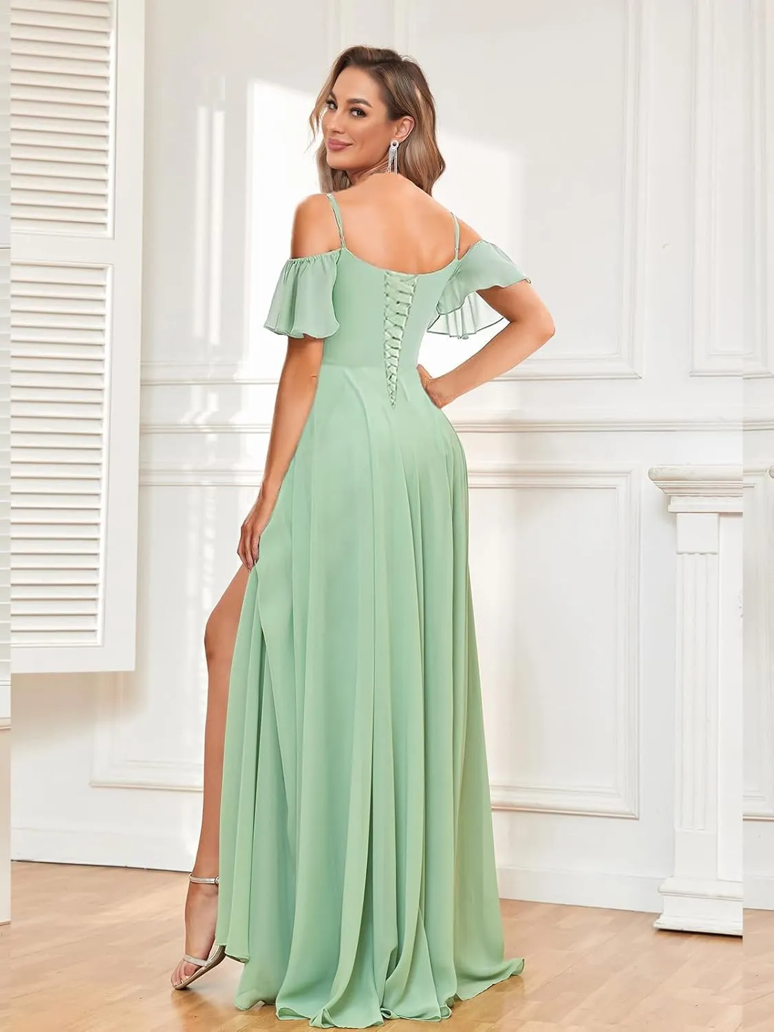 Chiffon Cold Shoulder Bridesmaid Dresses for Women Ruffle Sleeve Long Formal Wedding Evening Gowns with Slit