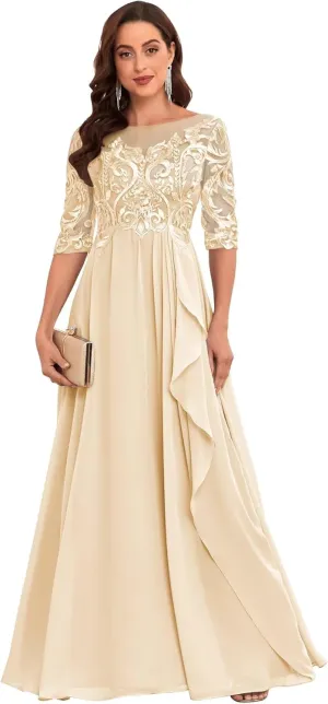 Chiffon Lace Mother of The Bride Dresses for Women Long Elegant Ruffle Formal Evening Gown with Sleeves