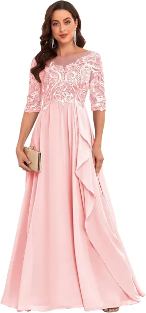 Chiffon Lace Mother of The Bride Dresses for Women Long Elegant Ruffle Formal Evening Gown with Sleeves
