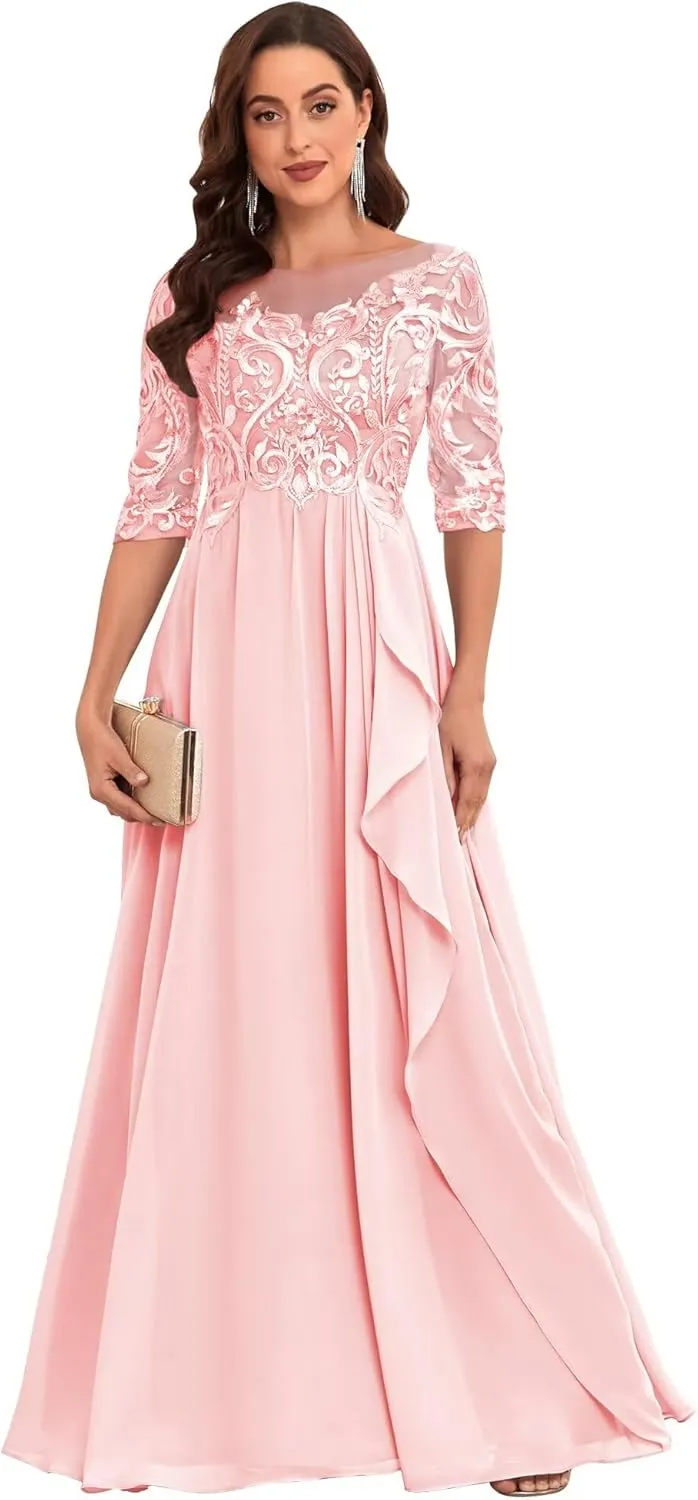 Chiffon Lace Mother of The Bride Dresses for Women Long Elegant Ruffle Formal Evening Gown with Sleeves