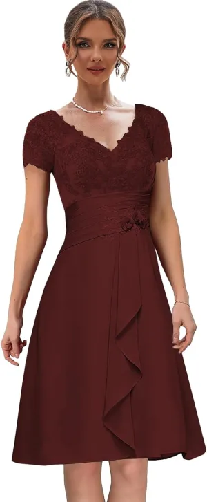 Chiffon Lace Mother of The Bride Dresses with Sleeves Ruffles Short Formal Dress for Women