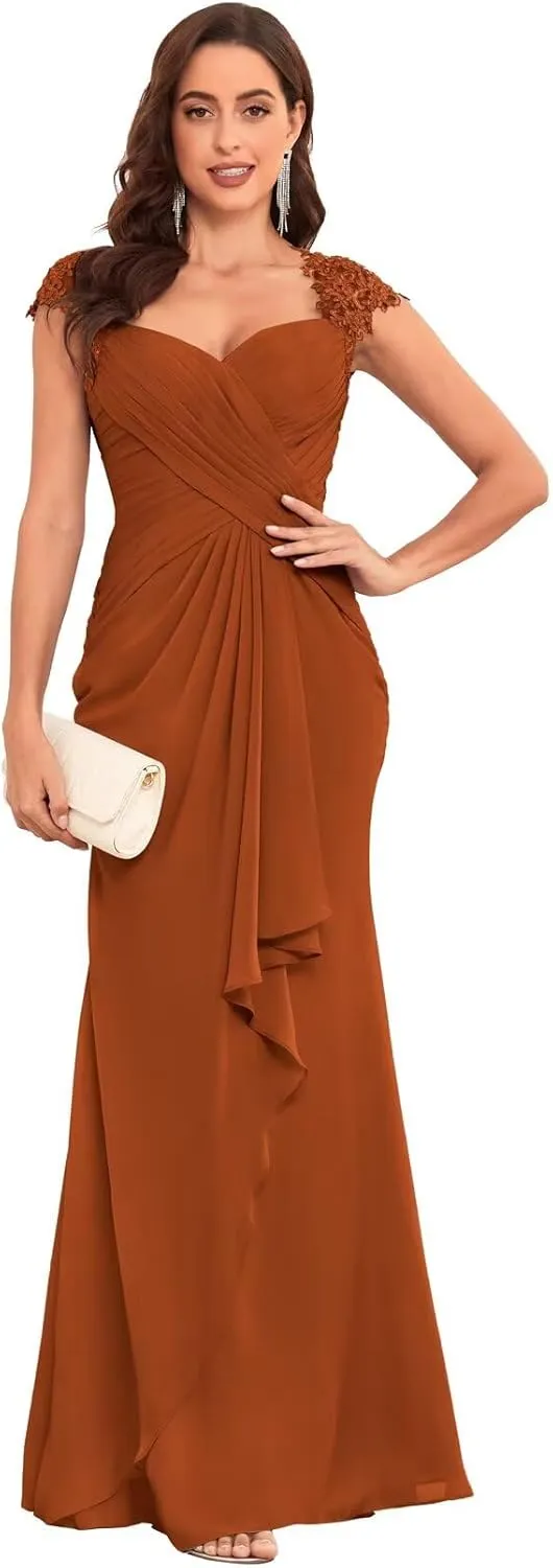Chiffon Mermaid Mother of The Bride Dresses for Wedding Long Lace Pleated Ruffle Formal Evening Dress