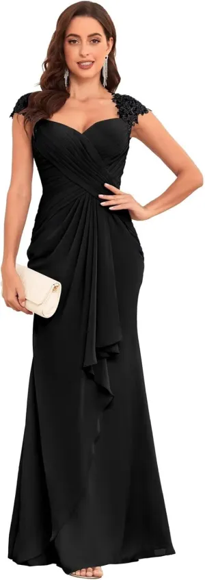 Chiffon Mermaid Mother of The Bride Dresses for Wedding Long Lace Pleated Ruffle Formal Evening Dress