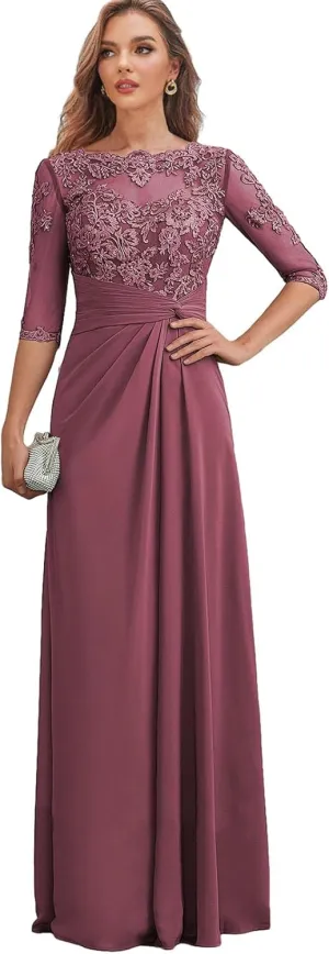 Chiffon Mother of The Bride Dresses for Wedding Corset Lace Formal Evening Dress with Sleeves