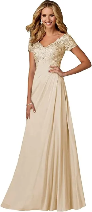 Chiffon Mother of The Bride Dresses Long Laces Appliques V-Neck Pleat Mother Bride Dresses for Wedding with Sleeves