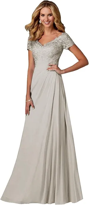 Chiffon Mother of The Bride Dresses Long Laces Appliques V-Neck Pleat Mother Bride Dresses for Wedding with Sleeves