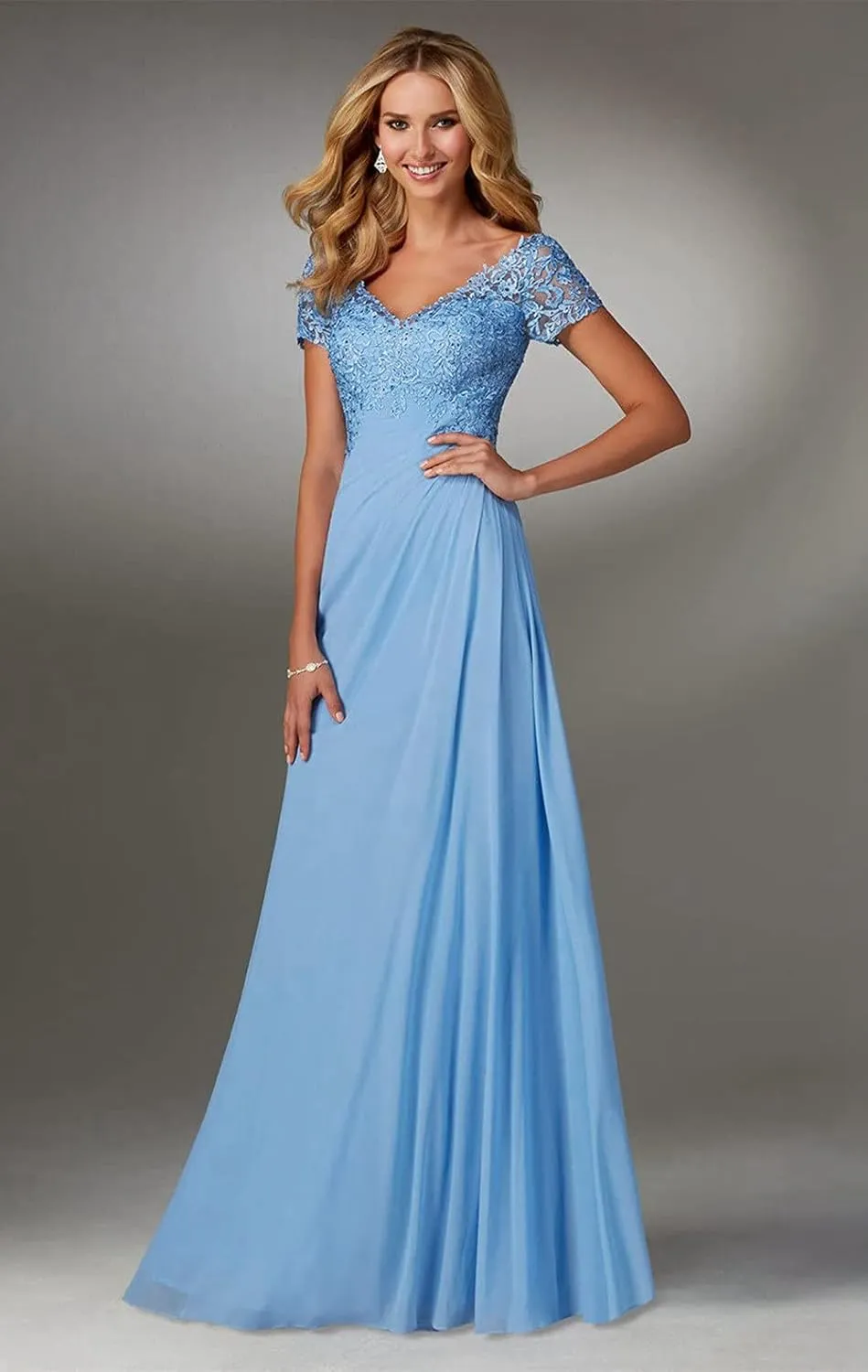 Chiffon Mother of The Bride Dresses Long Laces Appliques V-Neck Pleat Mother Bride Dresses for Wedding with Sleeves