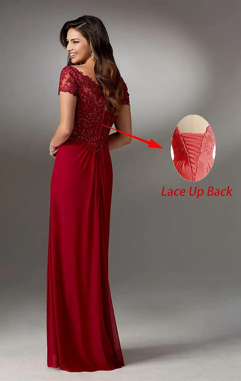 Chiffon Mother of The Bride Dresses Long Laces Appliques V-Neck Pleat Mother Bride Dresses for Wedding with Sleeves