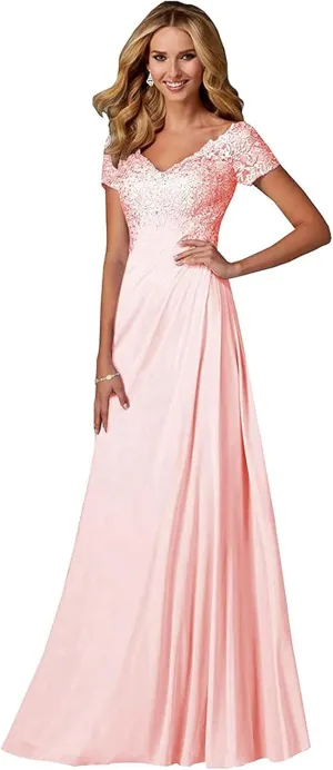 Chiffon Mother of The Bride Dresses Long Laces Appliques V-Neck Pleat Mother Bride Dresses for Wedding with Sleeves
