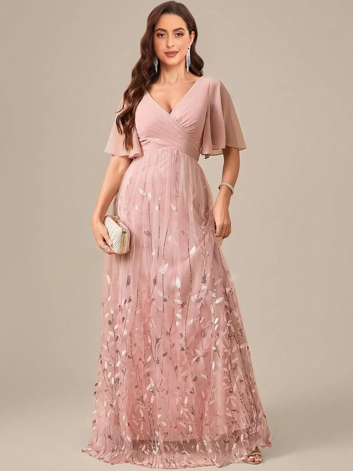 Chiffon Mother of The Bride Dresses V-Neck Bridesmaid Dress Sequin Formal Wedding Guest Dresses with Sleeves