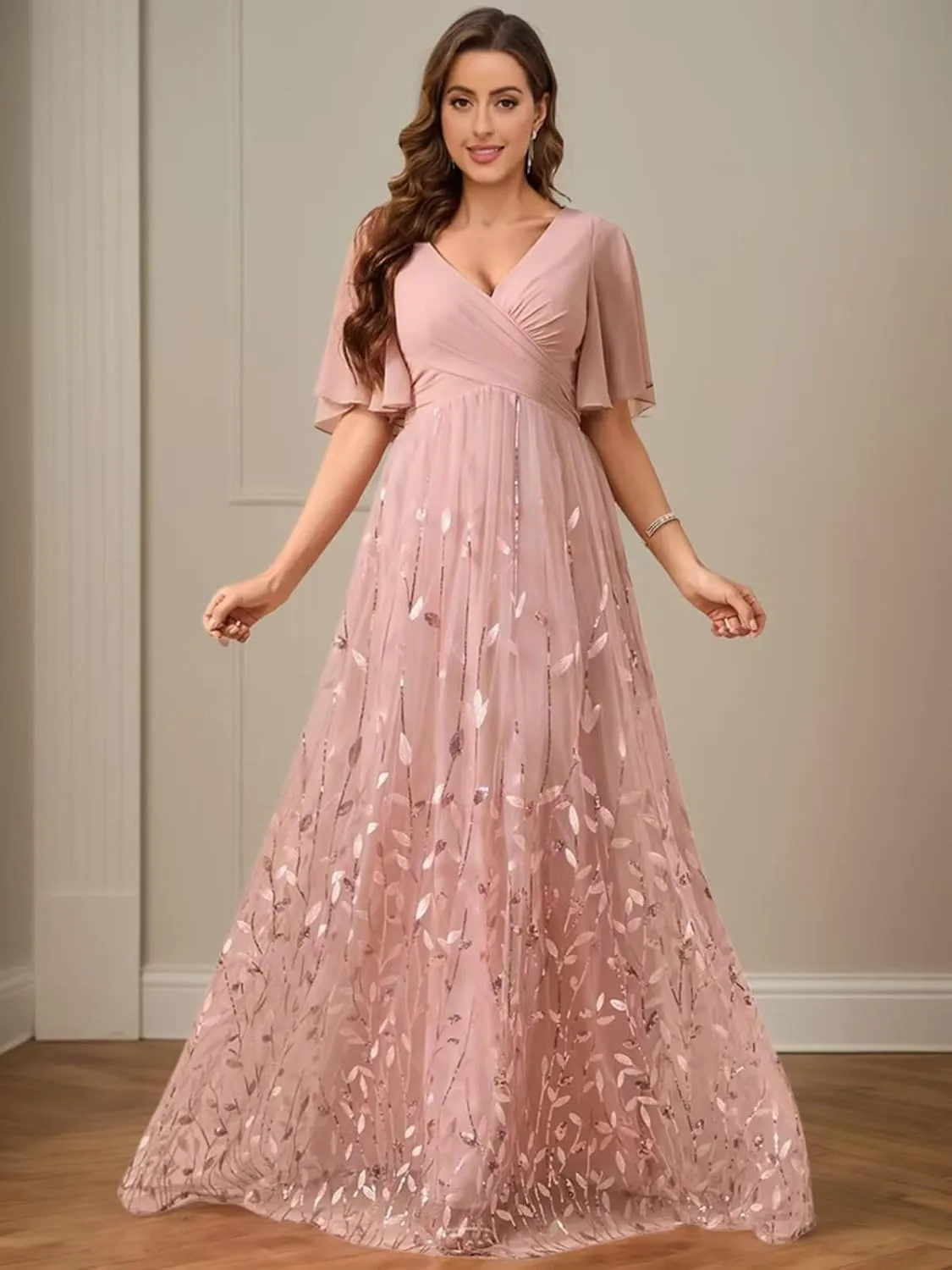 Chiffon Mother of The Bride Dresses V-Neck Bridesmaid Dress Sequin Formal Wedding Guest Dresses with Sleeves