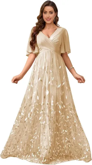 Chiffon Mother of The Bride Dresses V-Neck Bridesmaid Dress Sequin Formal Wedding Guest Dresses with Sleeves