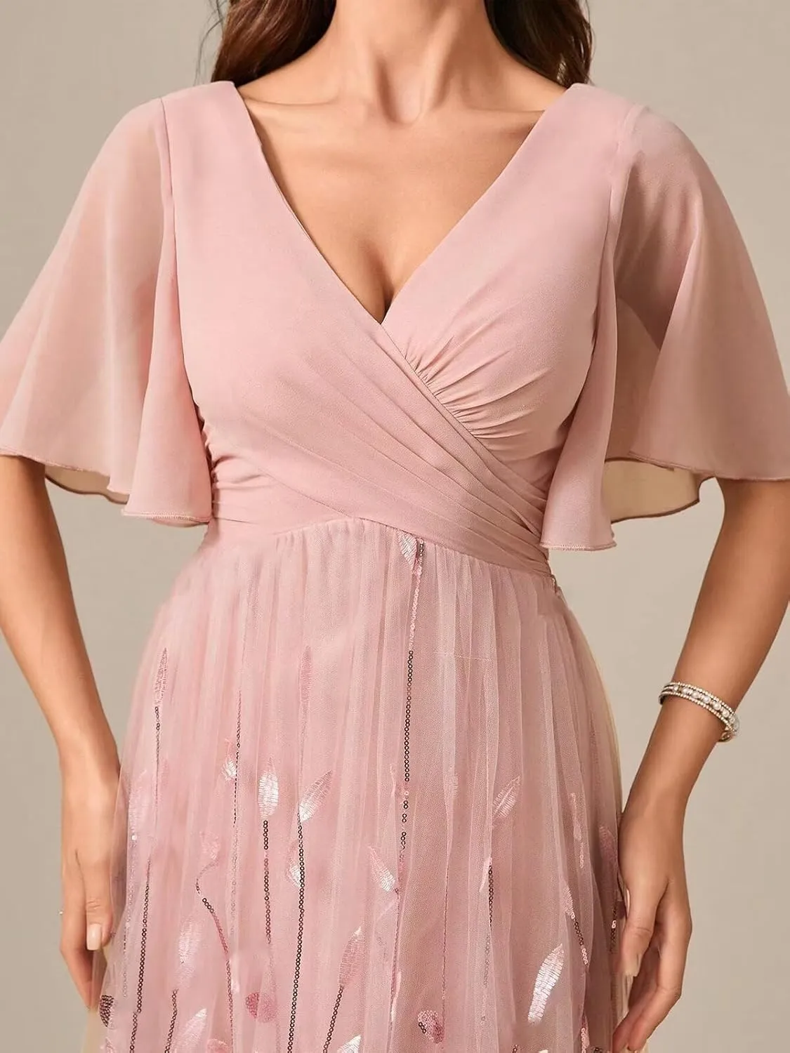 Chiffon Mother of The Bride Dresses V-Neck Bridesmaid Dress Sequin Formal Wedding Guest Dresses with Sleeves