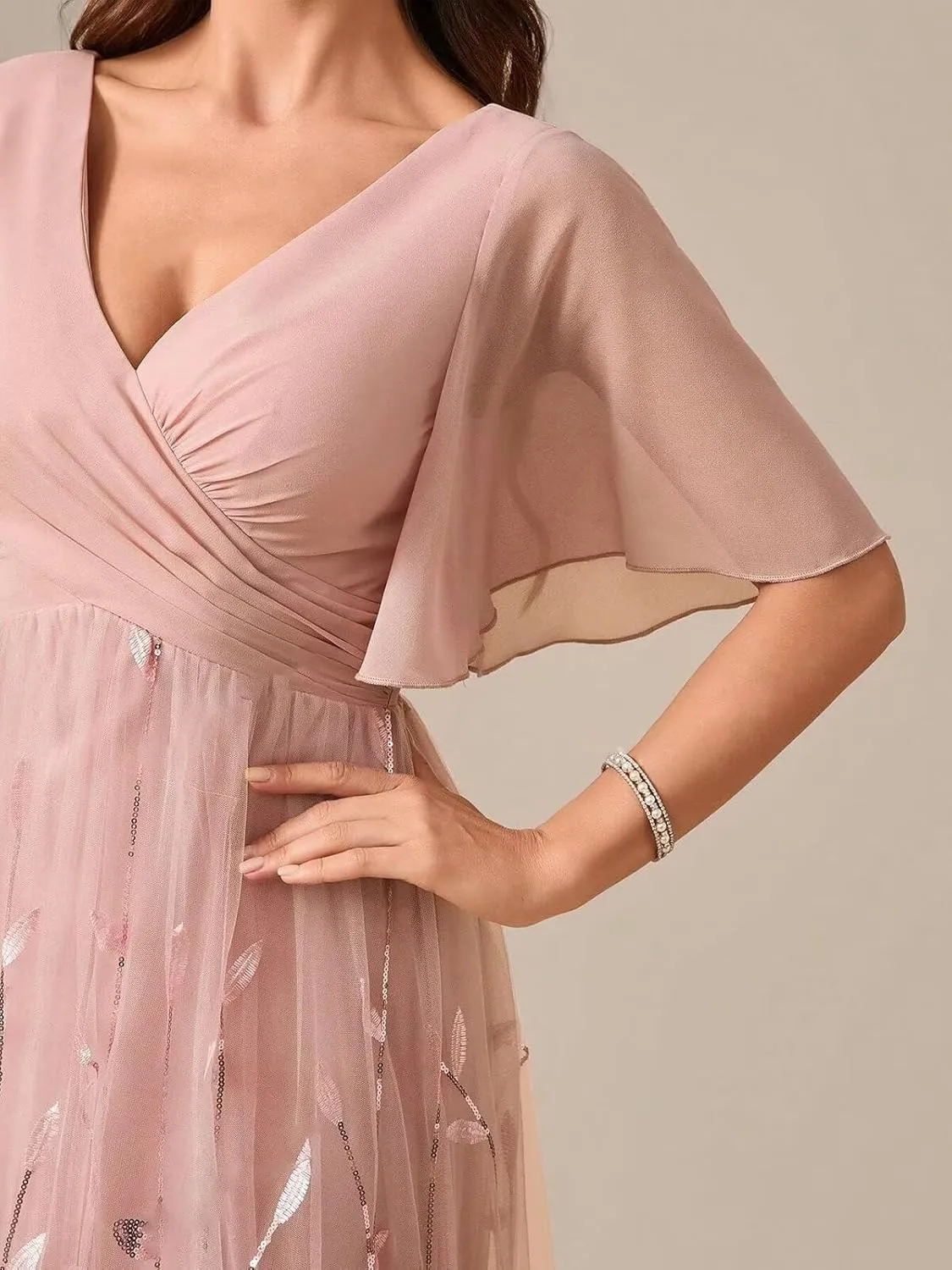 Chiffon Mother of The Bride Dresses V-Neck Bridesmaid Dress Sequin Formal Wedding Guest Dresses with Sleeves