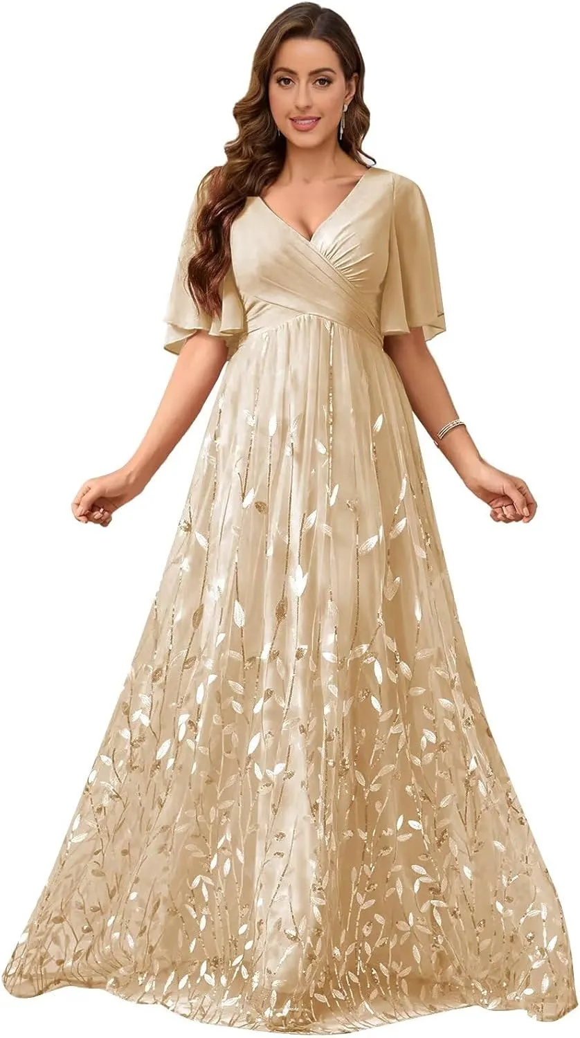 Chiffon Mother of The Bride Dresses V-Neck Bridesmaid Dress Sequin Formal Wedding Guest Dresses with Sleeves