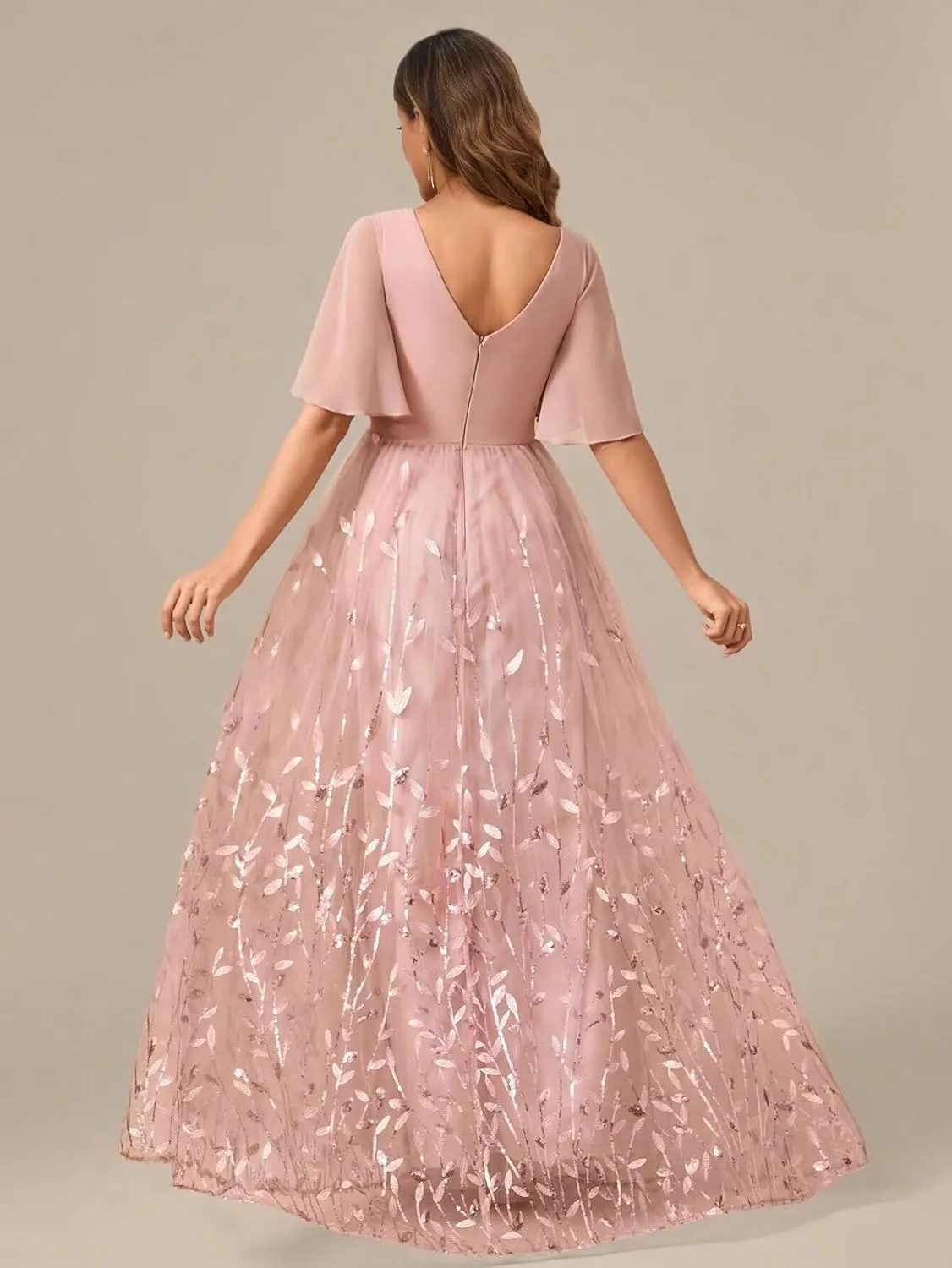 Chiffon Mother of The Bride Dresses V-Neck Bridesmaid Dress Sequin Formal Wedding Guest Dresses with Sleeves