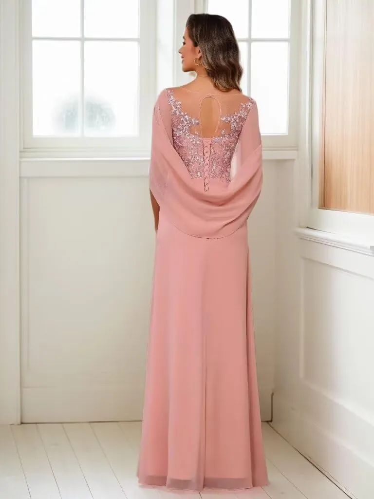 Chiffon Mother of The Bride Dresses with Cape Lace Evening Dress for Women Mermaid Formal Gown