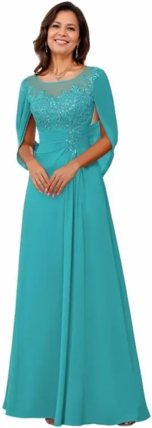 Chiffon Mother of The Bride Dresses with Cape Lace Evening Dress for Women Mermaid Formal Gown