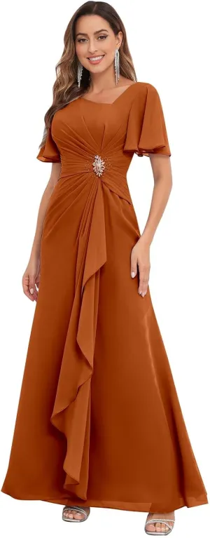 Chiffon Mother of The Bride Dresses with Sleeves V Neck Ruffles Beaded A Line Long Formal Wedding Guest Dress