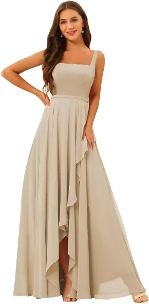 Chiffon Ruffle Bridesmaid Dresses for Women Long Spaghetti Straps Formal Evening Dress with Slit