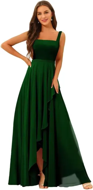 Chiffon Ruffle Bridesmaid Dresses for Women Long Spaghetti Straps Formal Evening Dress with Slit