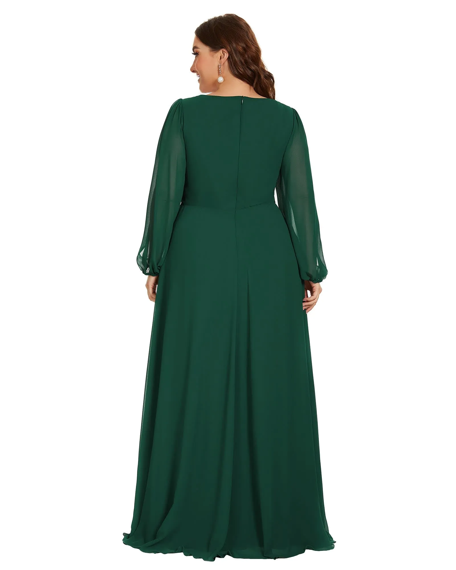 Chiffon V-Neckline Long Sleeve Formal Evening Dress | Dark Green