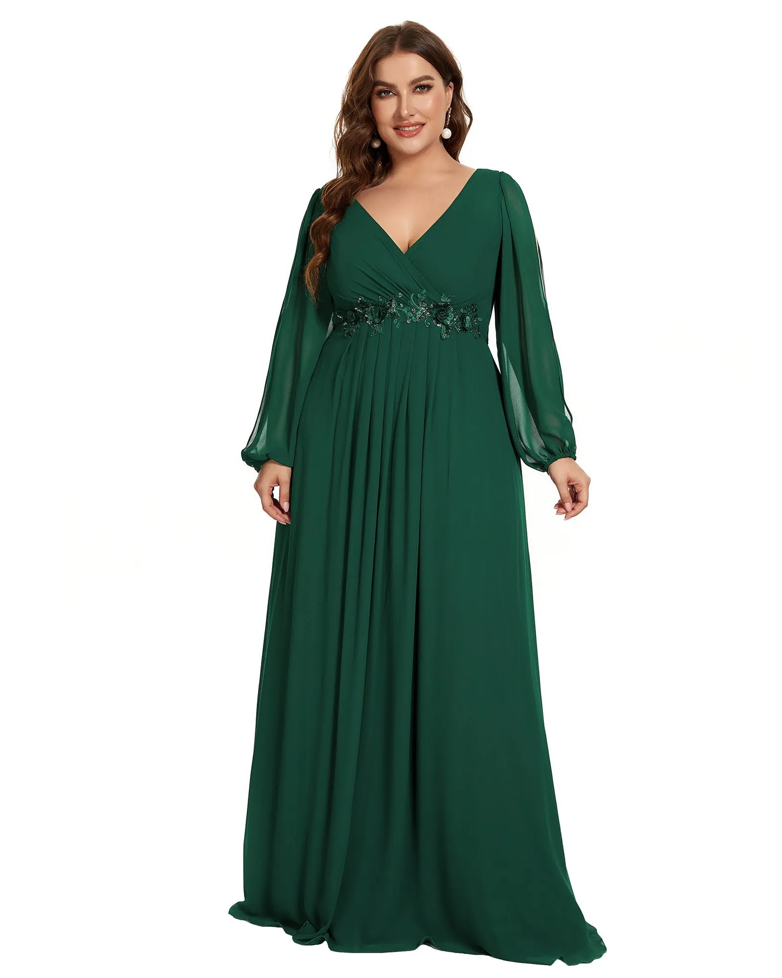Chiffon V-Neckline Long Sleeve Formal Evening Dress | Dark Green